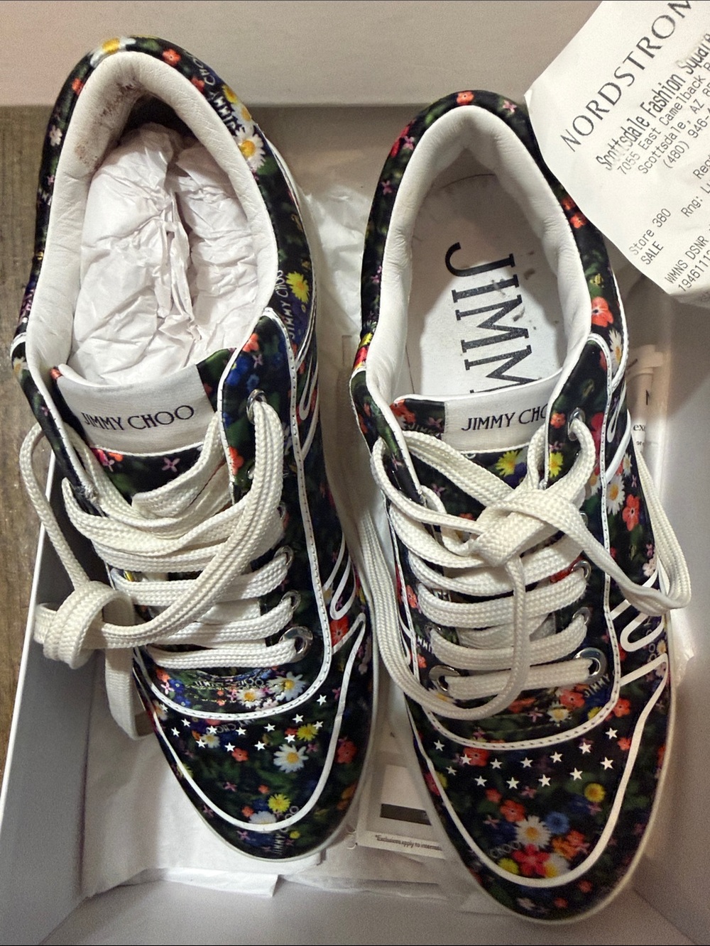 Jimmy Choo Black Floral Low-Top Sneakers with White Accents